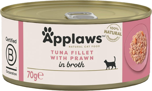 Applaws 100% Natural Wet Cat Food Tins, Tuna Fillet with Prawn in Broth 70 g for Adult Cats (24 x 70 g Tins)