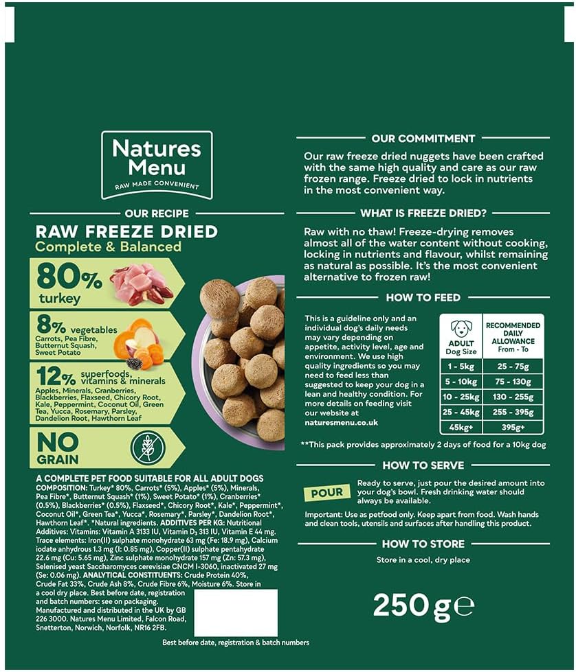 Natures Menu Freeze Dried Complete & Balanced Dog Food Nuggets - Turkey - 250g
